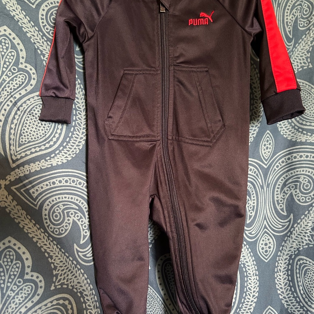 Puma Navy Blue Kids One-Piece Bodysuit with Red Sleeve Stripe